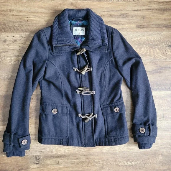 Vintage dELiA*s Women's Navy Blue Toggle Pea Coat M Wool Blend Jacket Y2K Preppy - Picture 12 of 13